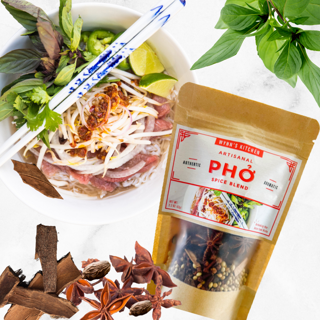 A bag of pho spice blend next to a bowl of pho noodles with white and blue chopsticks
