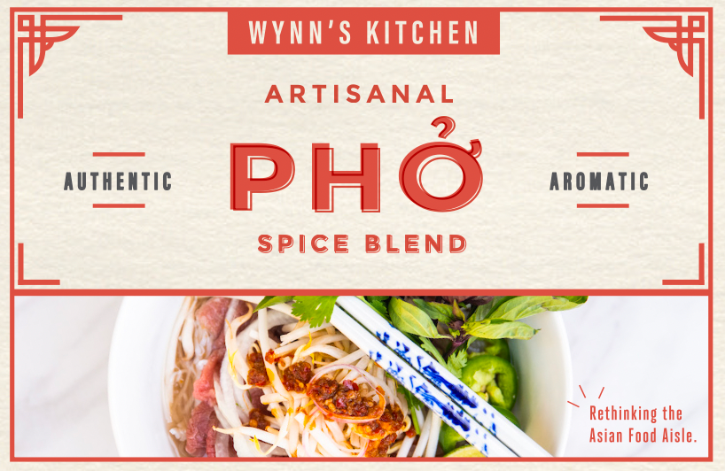 A label for a pho spice blend with an image of a bowl of pho noodles with chopsticks.