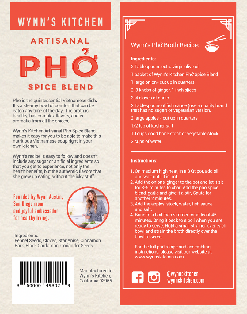 A label for a pho spice blend in orange and blush colors with an image of a smiling woman in the kitchen.